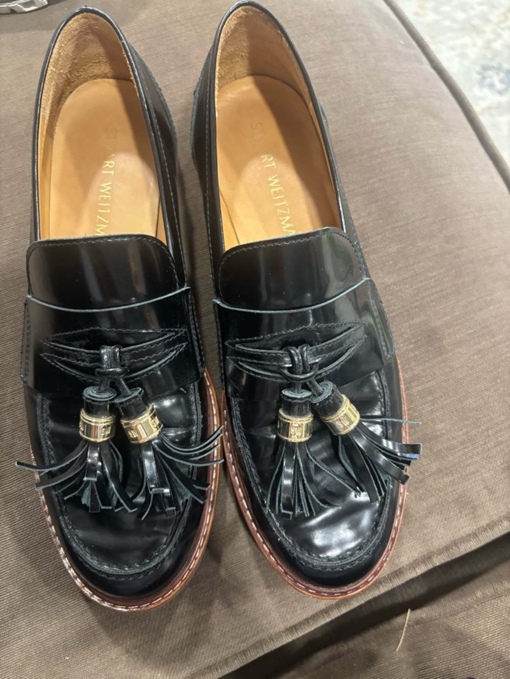 Stuart Weitzman Black Leather Tassel Loafers